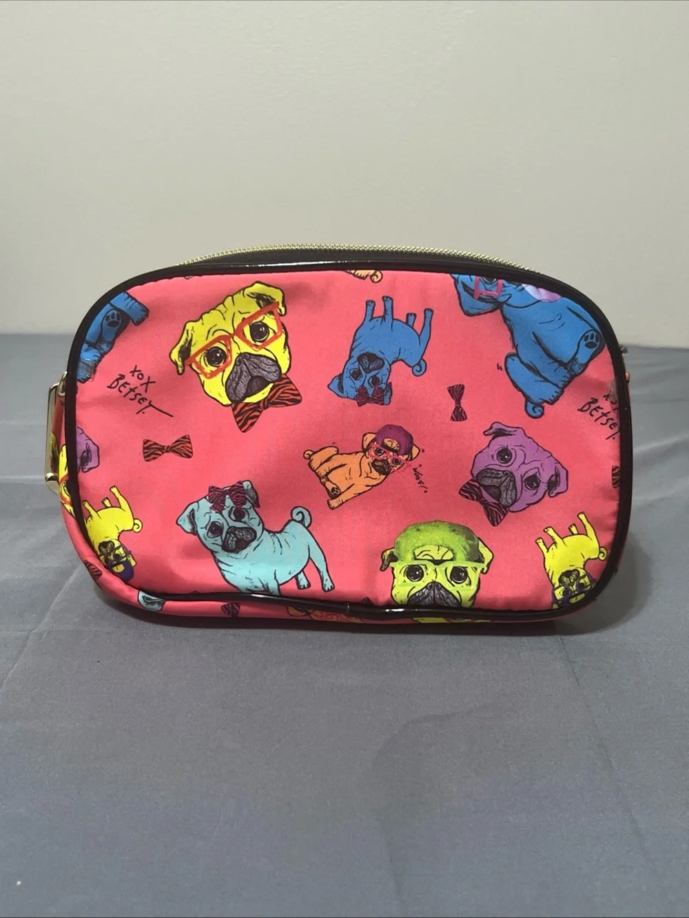 Betsey Johnson Black and Silver Script-Lined Cosmetic Pouch